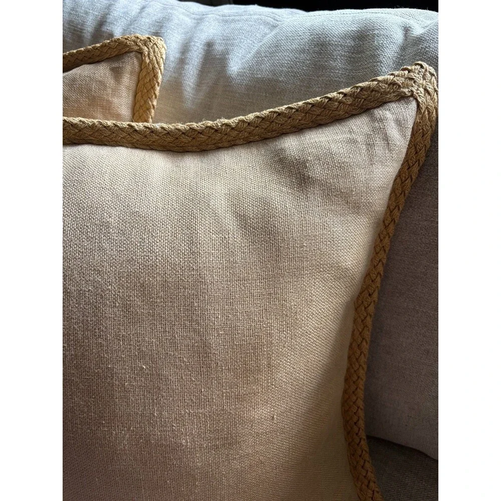 Pottery Barn Set of 2 Linen Pillow Covers 20x20 Braided Jute Trim Beige Tan